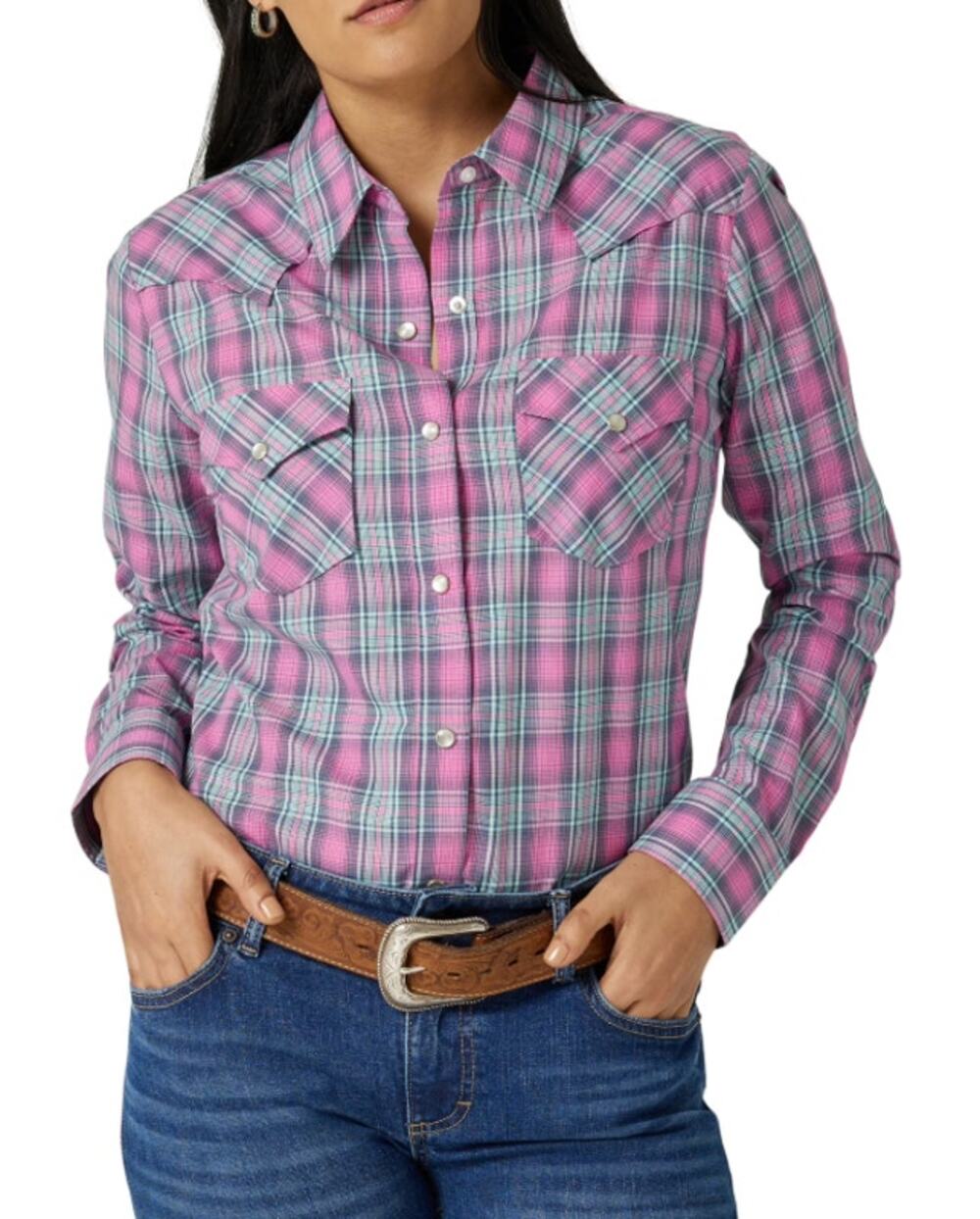 Wrangler Pink Western Plaid Long Sleeve Pearl Snap Top